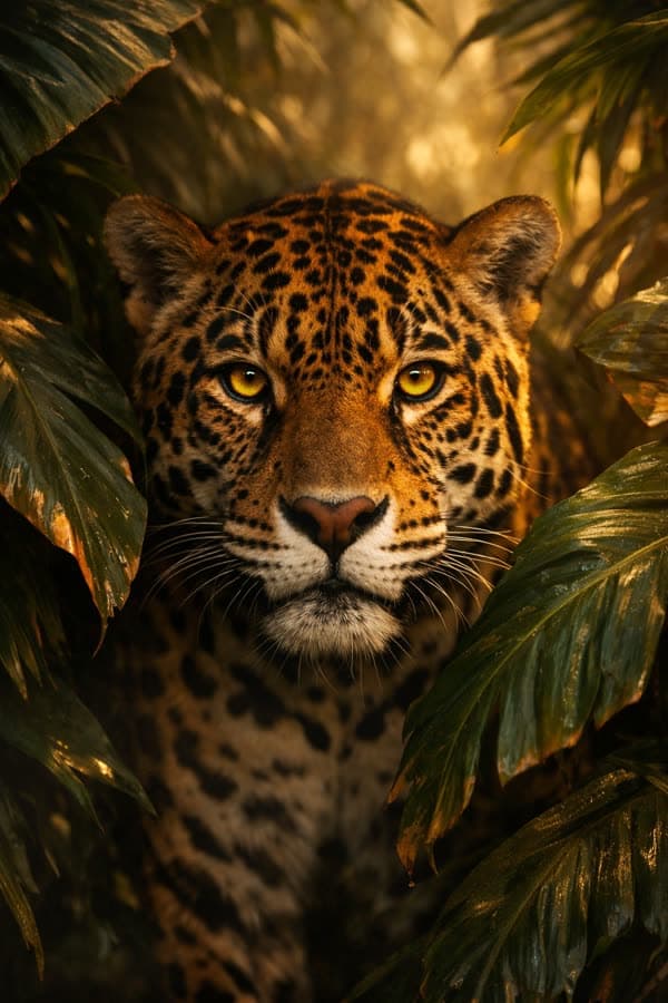 Un jaguar entre la vegetación, con la mirada al frente