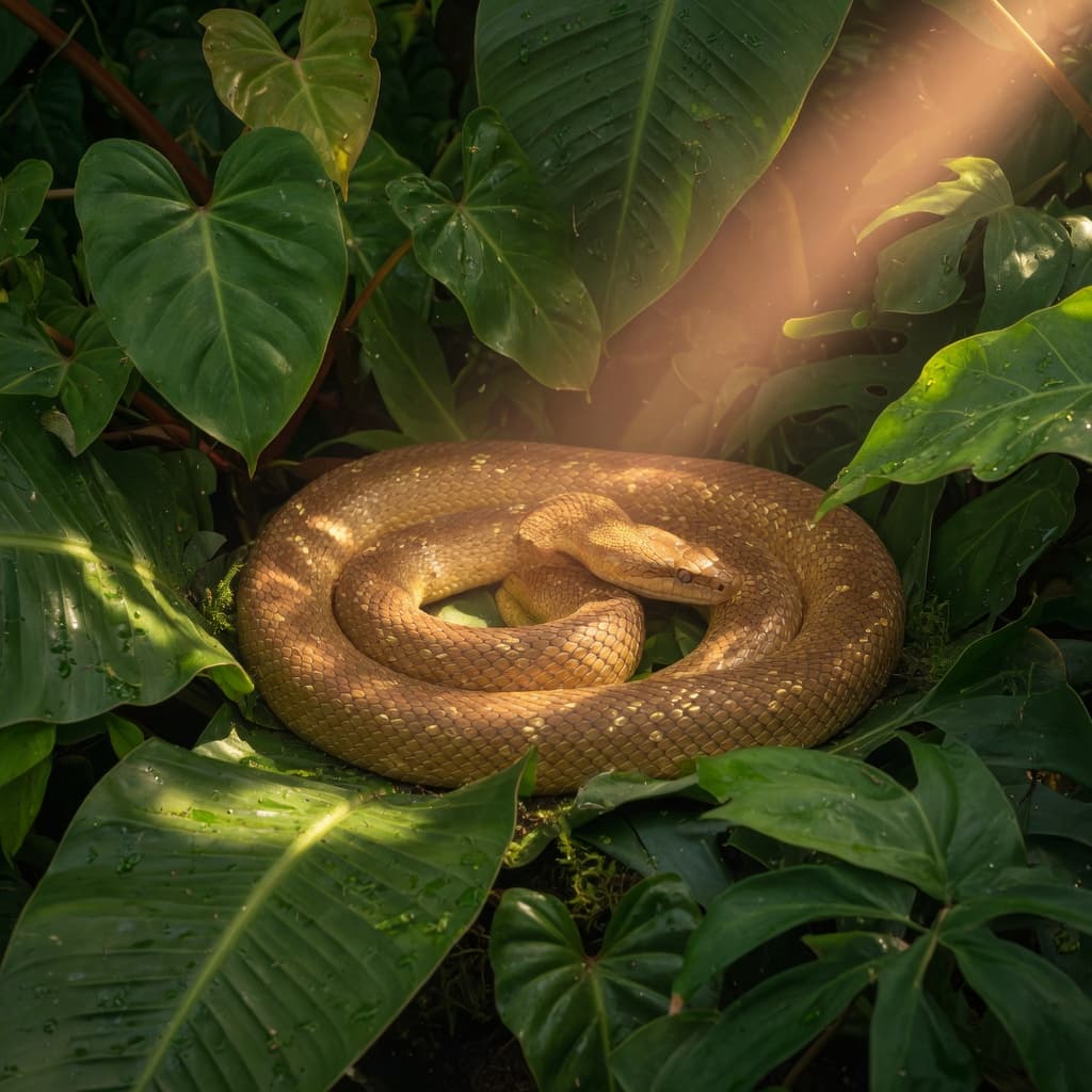 Una serpiente enroscada entre hojas verdes